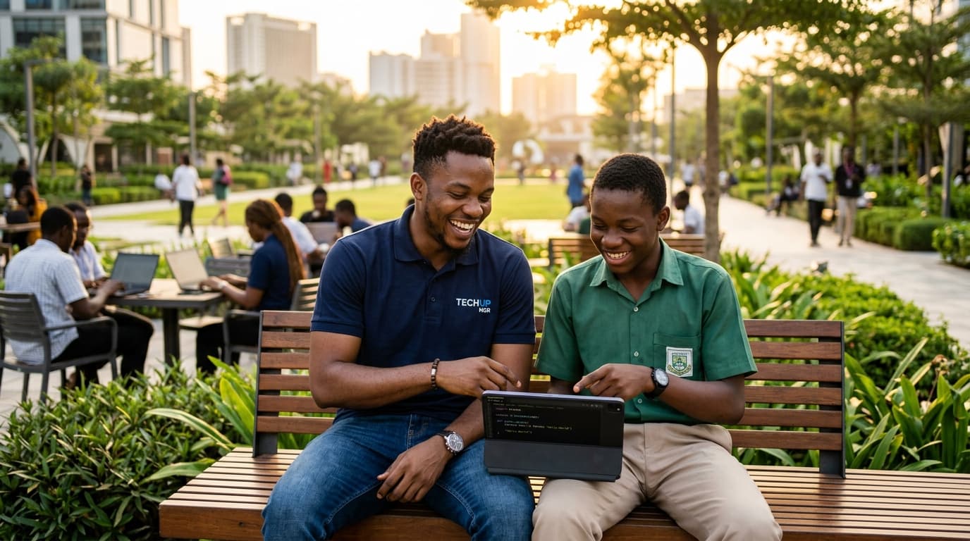 A mentor laughing with a student over a tablet