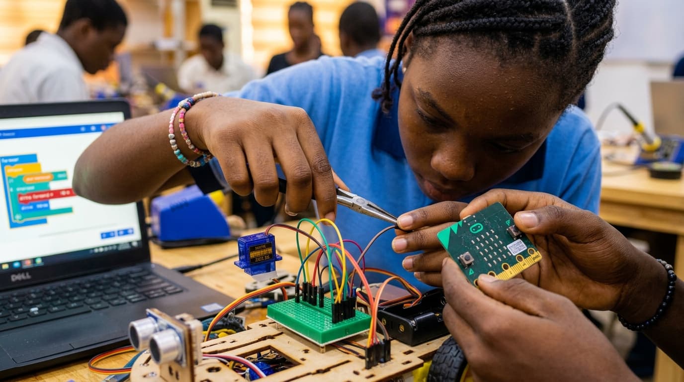 Students assembling a robotic vehicle