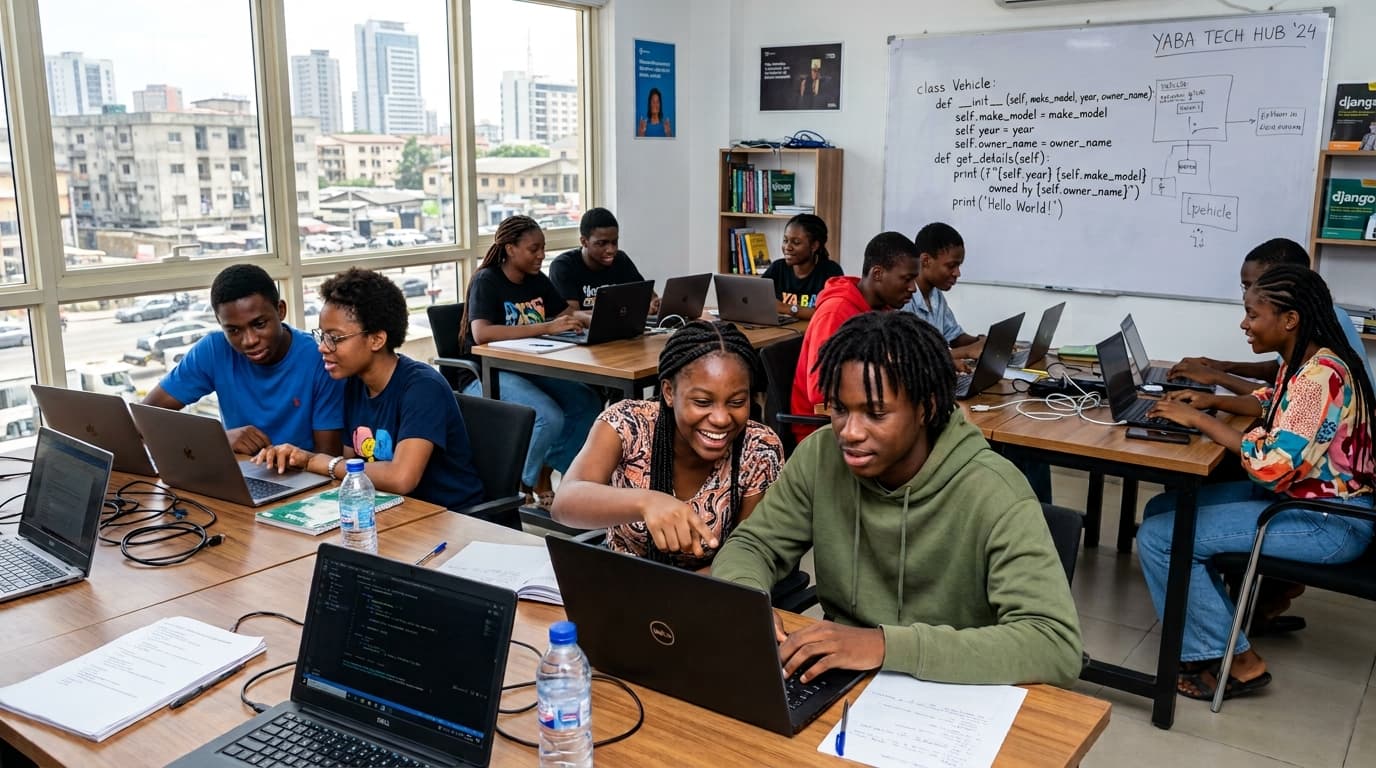Teenagers coding on laptops